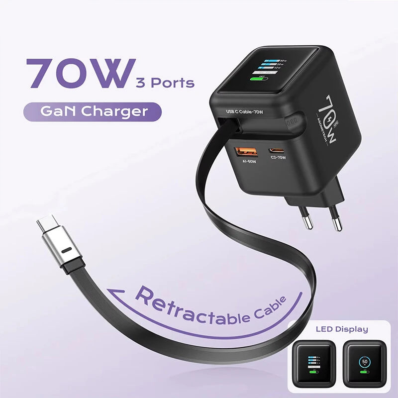 Cargador Con Pantalla 3 En 1 Retráctil De 70W