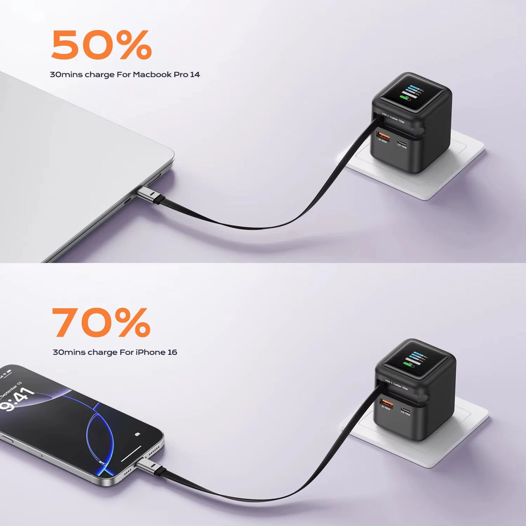 Cargador Con Pantalla 3 En 1 Retráctil De 70W