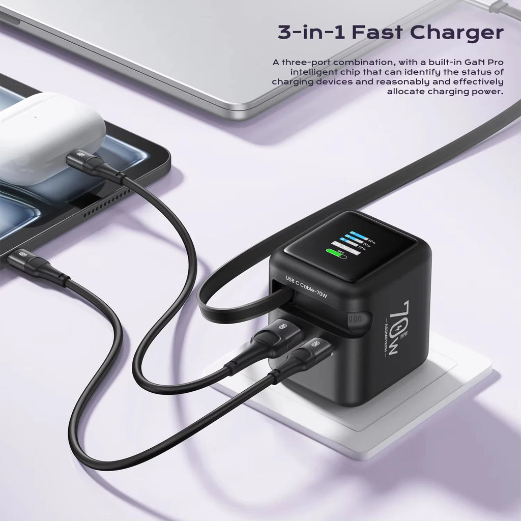 Cargador Con Pantalla 3 En 1 Retráctil De 70W