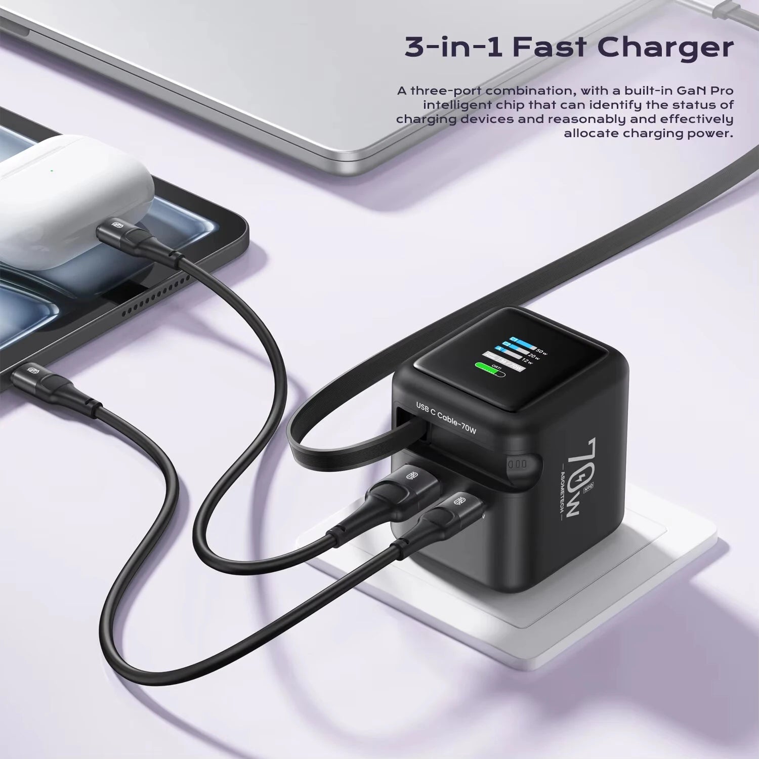 Cargador Con Pantalla 3 En 1 Retráctil De 70W
