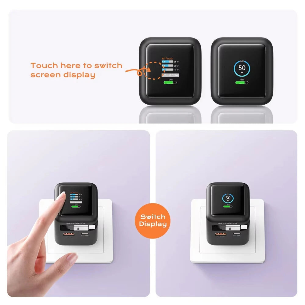 Cargador Con Pantalla 3 En 1 Retráctil De 70W