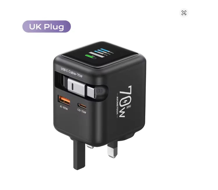 Cargador Con Pantalla 3 En 1 Retráctil De 70W